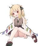  1girl :d ahoge alternate_costume arm_support bangs bare_shoulders bat_hair_ornament black_ribbon blonde_hair blush bobby_socks breasts crystal eyebrows_visible_through_hair fang flandre_scarlet hair_ornament hair_ribbon highres knees_together_feet_apart looking_at_viewer mary_janes nail_polish no_hat no_headwear one_side_up open_mouth panties pantyshot petticoat red_eyes red_footwear red_nails red_skirt reddizen ribbed_sweater ribbon shirt shoes simple_background sitting skin_fang skirt sleeveless sleeveless_shirt small_breasts smile socks solo sweater touhou underwear white_background wings 
