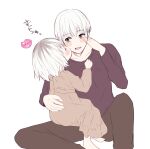  1boy 1girl absurdres bangs blush brown_dress brown_pants closed_eyes commentary_request dress eyebrows_visible_through_hair facial_mark father_and_daughter highres kaneki_ichika kaneki_ken kiss kissing_cheek knee_up long_sleeves on_lap open_mouth pants pink_lips short_hair sitting sweater tokyo_ghoul tokyo_ghoul:re toukaairab translated white_background 