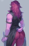  1girl armlet ass back biceps bracelet colored_skin commentary deltarune from_behind grey_background highres jewelry messy_hair muscular muscular_female purple_hair purple_skin simple_background sleeveless sleeveless_jacket solo spiked_armlet spiked_bracelet spikes susie_(deltarune) suurin_(ksyaro) tail vest 