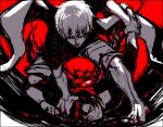  2boys arm_grab bangs barefoot black_background boy_on_top commentary hair_between_eyes hand_on_another&#039;s_head kagune_(tokyo_ghoul) kaneki_ken kirishima_ayato koujima_shikasa male_focus multiple_boys push_down red_background red_eyes short_hair short_sleeves shorts sketch symbol-only_commentary tokyo_ghoul 