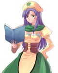  1girl atelier_(series) blue_hair book chemist_(final_fantasy) commentary faris_scherwiz final_fantasy final_fantasy_v green_eyes hand_on_hip hat holding holding_book long_hair open_mouth parody puffy_sleeves purple_hair reading simple_background solo sweatdrop udon_(memai_no_kabe) white_background 