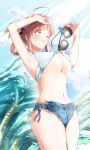  1girl ;) absurdres ahoge akane_(getwild23) armpits arms_up bangs bikini bikini_lift bikini_top blue_eyes blue_shorts blue_sky blush breasts brown_hair clothes_lift commentary_request cowboy_shot cutoffs day denim denim_shorts eyewear_removed hair_rings highres large_breasts lifted_by_self light_rays looking_afar looking_away navel one_eye_closed one_side_up original outdoors palm_tree short_hair short_shorts shorts side-tie_shorts sky smile solo stomach sunbeam sunglasses sunlight swimsuit tree underboob white_bikini 