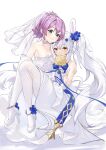  2girls animal_ears azur_lane blue_flower blue_ribbon bouquet breasts bridal_veil bunny_hair_ornament carrying dress fake_animal_ears flower green_eyes hair_ornament holding holding_bouquet javelin_(azur_lane) javelin_(blissful_june_bride)_(azur_lane) laffey_(azur_lane) laffey_(white_rabbit&#039;s_oath)_(azur_lane) long_hair looking_at_viewer medium_hair multiple_girls official_alternate_costume pantyhose princess_carry purple_hair rabbit_ears ribbon shoes simple_background sleeveless sleeveless_dress small_breasts strapless strapless_dress touristdw twintails veil very_long_hair wedding_dress white_background white_dress white_footwear yellow_eyes 