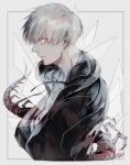  1boy bangs black_jacket bug centipede closed_mouth collarbone commentary_request from_side grey_background grey_hair hood hood_down hooded_jacket jacket kaneki_ken koujima_shikasa long_sleeves male_focus red_eyes shiny shiny_hair short_hair simple_background solo tail tokyo_ghoul upper_body white_background 