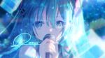  1girl bangs blue_eyes blue_hair collarbone commentary eyebrows_visible_through_hair hair_between_eyes hair_ornament hatsune_miku holding holding_microphone long_hair looking_at_viewer microphone music portrait renren_(pixiv22963369) shiny shiny_hair signature singing sleeveless solo symbol-only_commentary vocaloid 