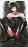  1boy ameya armchair bad_id bad_pixiv_id bare_shoulders bdsm black_footwear black_gloves black_hair black_legwear black_panties blush chair clothes_lift dress dress_lift elbow_gloves eyebrows_visible_through_hair gloves grey_eyes highres latex latex_dress latex_gloves latex_legwear latex_panties looking_at_viewer maid maid_headdress medium_hair no_shoes original otoko_no_ko panties rubber_gloves sitting smile soles solo squatting toes underwear 