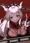  1girl absurdres alcohol bangs black_necktie blunt_bangs breasts collared_shirt commentary cup demon demon_girl demon_horns drinking_glass eyebrows_visible_through_hair gloves helltaker highres holding holding_cup horns jacket large_breasts long_hair looking_at_viewer lucifer_(helltaker) mole mole_under_eye necktie red_background red_eyes red_shirt shiny shiny_hair shirt sign smile solo symbol-only_commentary upper_body warning_sign wine wine_glass wny 