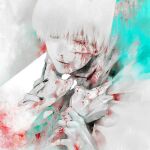  1boy 1other amputee black_nails blood blood_from_eyes blood_from_mouth blood_on_arm blood_on_clothes blood_on_face closed_eyes closed_mouth commentary_request cuts green_background grey_background guro highres injury kaneki_ken koujima_shikasa looking_at_viewer male_focus missing_finger nail_polish nosebleed shirt short_hair solo_focus tokyo_ghoul upper_body 