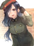  1girl :d bangs black_hair boots brick_wall brown_gloves earrings gloves green_headwear green_shirt green_skirt hair_between_eyes hat highres imperial_japanese_army jewelry knee_boots long_hair long_sleeves looking_at_viewer military military_hat military_uniform one_eye_covered open_mouth original ponkan_(ma_hassaku) shirt skirt smile solo uniform world_war_ii yellow_eyes 