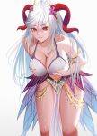  1girl absurdres alfa_(alpharig) alternate_costume areolae armlet bangs bare_shoulders bikini bikini_lift bikini_top blue_hair breast_hold breast_squeeze breasts cleavage clothes_lift colored_inner_hair commission commissioner_upload curled_horns fire_emblem fire_emblem_heroes flower freyja_(fire_emblem) goat_horns grin hair_ornament highres horns huge_breasts leaning_forward long_hair looking_at_viewer mega_milk multicolored_hair navel open_mouth pelvic_curtain red_eyes red_horns silver_hair smile solo swimsuit thighs white_swimsuit 