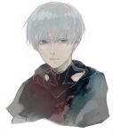 1boy bangs black_jacket closed_mouth clothing_cutout commentary_request covered_collarbone cropped_shoulders grey_hair hair_between_eyes jacket kaneki_ken koujima_shikasa looking_at_viewer male_focus shiny shiny_hair shirt short_hair simple_background solo tokyo_ghoul upper_body white_background 