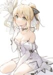  1girl ahoge artoria_pendragon_(fate) bangs bare_shoulders between_legs blonde_hair boots bow breasts collarbone dress elbow_gloves eyebrows_visible_through_hair fate/grand_order fate_(series) flower gloves green_eyes hair_bow hand_between_legs highres holding holding_flower juliet_sleeves kamiowl knee_boots long_sleeves looking_at_viewer medium_hair pleated_skirt puffy_sleeves saber_lily simple_background sitting skindentation skirt smile solo wariza white_background white_dress white_gloves white_skirt 