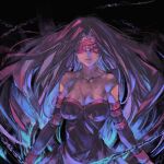  1girl bare_shoulders breasts closed_mouth detached_sleeves dress facial_mark fate/stay_night fate_(series) forehead_mark highres kazama_raita long_hair medusa_(fate) medusa_(rider)_(fate) purple_hair simple_background solo strapless strapless_dress very_long_hair 