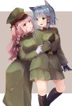  2girls :d :o absurdres animal_ears bangs black_gloves blue_eyes blue_hair boots braid brown_background cat_ears dress gloves green_dress green_shirt green_skirt hair_between_eyes hair_ribbon hat highres imperial_japanese_army knee_boots long_hair long_sleeves looking_at_another military military_hat military_uniform multiple_girls open_mouth original pink_eyes pink_hair ponkan_(ma_hassaku) ribbon shirt short_hair skirt smile uniform white_gloves world_war_ii yuri 