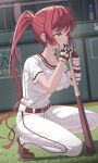  1girl absurdres bangs baseball_bat baseball_uniform belt blush breasts collarbone commentary day earrings eyebrows_visible_through_hair finger_to_mouth from_side full_body gloves grass hands_up heterochromia highres holding holding_baseball_bat hololive houshou_marine jewelry large_breasts light_particles long_hair one_knee outdoors pants ponytail red_belt red_eyes red_footwear red_gloves red_hair shirt shoes short_sleeves sidelocks solo sportswear very_long_hair virtual_youtuber white_pants white_shirt yellow_eyes yozora_(1wkdgusdn) 