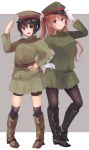  2girls :d absurdres bangs belt belt_buckle black_hair black_legwear blue_eyes boots brown_background brown_footwear brown_hair buckle closed_mouth full_body gloves green_headwear green_shirt green_skirt hair_between_eyes hand_on_hip hat highres imperial_japanese_army knee_boots kneehighs long_hair long_sleeves looking_at_viewer military military_hat military_uniform multiple_girls open_mouth original ponkan_(ma_hassaku) purple_eyes salute shirt short_hair simple_background skirt smile twintails uniform white_gloves world_war_ii 