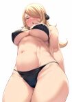  1girl :o arms_behind_back bangs bare_shoulders bikini black_bikini blonde_hair blue_eyes blush breasts cleavage commentary_request covered_nipples cowboy_shot cynthia_(pokemon) from_below groin hair_between_eyes hair_ornament hair_over_one_eye highres hiiragi_hazime large_breasts long_hair looking_at_viewer navel open_mouth pokemon pokemon_(game) pokemon_dppt reward_available sidelocks simple_background skindentation solo standing stomach string_bikini swimsuit toned underboob very_long_hair white_background 
