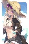  1girl animal_ear_fluff animal_ears arknights bangs beach bikini bikini_shorts black_shirt black_shorts blonde_hair blue_nails blush bracelet braid cloud day eyewear_on_head grin hair_ornament hairclip hand_to_own_mouth hand_up hat highres jewelry looking_at_viewer nail_polish official_alternate_costume outdoors pendant purple-tinted_eyewear purple_eyes satou_kibi shirt short_sleeves shorts slit_pupils smile solo straw_hat striped striped_bikini sunglasses swimsuit tail tinted_eyewear upper_body utage_(arknights) utage_(summer_flowers)_(arknights) water x_hair_ornament 