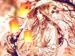  1boy adjusting_clothes adjusting_headwear artist_name black_hair blurry blurry_background blurry_foreground branch chinese_clothes flower hat highres lantern long_hair long_sleeves outdoors paper_lantern solo straw_hat tian_guan_ci_fu very_long_hair xie_lian yuuefa 