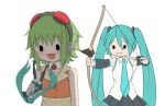  ._. 2girls :d aqua_hair aqua_necktie arrow_(projectile) bare_shoulders black_legwear black_skirt black_sleeves blurry blush bow_(weapon) commentary depth_of_field detached_collar detached_sleeves drawing_bow female_pervert figure furrowed_brow goggles goggles_on_head green_hair grey_shirt gumi hair_ornament hand_on_headphones hatsune_miku headphones holding holding_bow_(weapon) holding_toy holding_weapon long_hair miniskirt multiple_girls necktie open_mouth orange_vest pervert pleated_skirt red_goggles sakakidani shirt short_hair shoulder_tattoo sidelocks skirt sleeveless sleeveless_shirt smile sparkle tattoo thighhighs toy twintails upper_body upside-down very_long_hair vest vocaloid weapon white_background white_shirt yellow_shirt zettai_ryouiki 