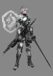  1girl absurdres ahoge armor armored_boots arms_at_sides bodevarc boots braid breastplate fur_trim gauntlets green_hair grey_background highres holding holding_sword holding_weapon knight lion_print looking_at_viewer original plate_armor purple_eyes standing sword weapon 
