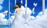  1girl :o back bare_shoulders bird black_hair blue_eyes blue_sky bride cloud condensation_trail dress elbow_gloves eyebrows_visible_through_hair gloves hair_ribbon hand_up highres lips long_hair looking_back pigeon red_ribbon ribbon scenery shigatsu_(4gate) sky solo water wedding_dress white_dress white_gloves yahari_ore_no_seishun_lovecome_wa_machigatteiru. yukinoshita_yukino 