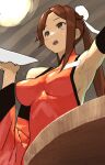  1girl alternate_costume alternate_hairstyle armpits bare_shoulders breasts brown_eyes brown_hair dress guilty_gear kuradoberi_jam red_dress redesign zaki_(narashigeo) 