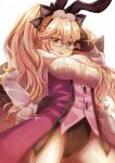  1girl absurdres animal_ear_fluff animal_ears ass_visible_through_thighs bangs black_bow black_gloves blush bow breasts coattails collared_shirt corset dress_shirt eyebrows_visible_through_hair fate/grand_order fate_(series) fox_tail glasses gloves hair_between_eyes hair_bow highres k_(pixiv71337887) koyanskaya_(fate) large_breasts long_hair long_sleeves looking_at_viewer open_mouth pantyhose pink_hair rabbit_ears shirt sidelocks smile solo sparkle tail tamamo_(fate) thighs twintails underbust white_legwear white_shirt yellow_eyes 