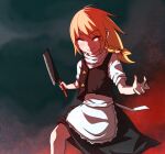  1girl apron bangs black_skirt black_vest blonde_hair blush bow braid cleaver closed_eyes closed_mouth commentary_request cookie_(touhou) eyebrows_visible_through_hair feet_out_of_frame hair_bow highres holding holding_knife kirisame_marisa knife long_hair magic:_the_gathering no_hat no_headwear promotions shirt short_sleeves skirt smile solo star_(symbol) suzu_(cookie) tibalt touhou vest waist_apron white_shirt yan_pai 