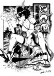  2girls animal_ears animal_print bangs bikini_shorts black_hair boat breasts chinese_commentary cigarette cleavage commentary cow_ears cow_print dated fish fish_skeleton full_body greyscale haori heran_hei_mao holding holding_cigarette horns japanese_clothes looking_at_viewer medium_breasts monochrome multicolored_hair multiple_girls onozuka_komachi sandals short_hair shorts sign silhouette sitting smoking solo_focus statue touhou translated two-tone_hair ushizaki_urumi warning_sign water watercraft white_hair 