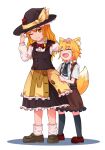  2girls :d animal_ear_fluff animal_ears ascot asymmetrical_hair azusa_(cookie) bangs belt black_ascot black_belt black_headwear black_skirt black_vest blonde_hair bow bowtie braid brown_skirt brown_vest buttons closed_eyes closed_mouth collared_shirt commentary_request cookie_(touhou) eyebrows_visible_through_hair fang fox_ears fox_girl fox_tail frilled_skirt frills full_body hair_between_eyes hair_bow hat hat_ornament headpat highres kirisame_marisa long_hair looking_at_another medium_hair miramikaru_riran multiple_girls necktie one_eye_closed open_mouth red_bow red_eyes red_neckwear red_star shadow shirt short_sleeves side_braid sidelocks simple_background single_braid skirt smile standing star_(symbol) star_hat_ornament tail touhou vest white_background white_bow white_shirt witch_hat yan_pai yellow_eyes 