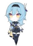  1girl :&lt; bangs black_legwear black_leotard blue_hair cape chibi commentary eula_(genshin_impact) eyebrows_visible_through_hair full_body genshin_impact hair_between_eyes hair_ornament hairband hand_on_hip hara_(xper8243) leotard long_hair long_sleeves looking_at_viewer necktie sidelocks simple_background solo standing symbol-only_commentary thighhighs v-shaped_eyebrows vision_(genshin_impact) white_background yellow_eyes zettai_ryouiki 
