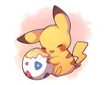  absurdres artist_name blush brown_background commentary english_commentary happy highres hug no_humans open_mouth outline pikachu pokemon pokemon_(creature) sevi_(seviyummy) sitting smile togepi watermark white_background white_outline 