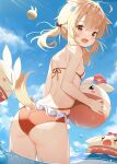  1girl :d ahoge animal_ears ass ball bikini blonde_hair blue_sky breasts chintora0201 cloud commentary_request day dog_ears dog_tail extra_ears fang frilled_bikini frills from_behind genshin_impact highres holding holding_ball jumpy_dumpty kemonomimi_mode klee_(genshin_impact) looking_at_viewer ocean open_mouth partially_submerged patreon_username red_bikini red_eyes short_hair skin_fang sky small_breasts smile sunlight swimsuit tail 