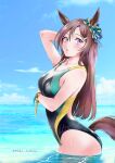  1girl absurdres animal_ears blue_sky breasts brown_hair cloud commentary_request competition_swimsuit day ear_bow highres horizon horse_ears horse_girl horse_tail long_hair looking_at_viewer medium_breasts mejiro_dober_(umamusume) miki_lutecia ocean one-piece_swimsuit outdoors partially_submerged purple_eyes sky solo swimsuit tail twitter_username umamusume water 