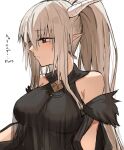  1girl absurdres arknights bangs bare_shoulders black_dress blonde_hair closed_mouth commentary_request dress hair_between_eyes highres horns long_hair looking_away looking_to_the_side orange_eyes pointy_ears ponytail profile raw_egg_lent shining_(arknights) simple_background solo translated 