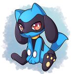  :o absurdres commentary commission english_commentary full_body grey_background highres looking_at_viewer no_humans open_mouth pokemon pokemon_(anime) pokemon_(creature) pokemon_(game) red_eyes riolu sevi_(seviyummy) sitting solo two-tone_background watermark white_background 