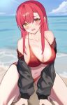  1girl bangs beach bikini black_jacket blue_sky blush breasts cloud heterochromia highres hololive houshou_marine jacket large_breasts nannann navel ocean off_shoulder official_alternate_costume open_mouth red_bikini red_eyes red_hair sand sky solo squatting straight_hair swimsuit virtual_youtuber water yellow_eyes 