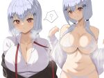  1girl :d :o ? bangs bikini black_cardigan blush breasts cardigan cleavage collared_shirt commentary_request cowboy_shot dress_shirt eyebrows_visible_through_hair grin hair_ornament hairclip hakase_fuyuki highres large_breasts long_hair long_sleeves low_twintails navel new_sankin_nyu nijisanji off_shoulder open_cardigan open_clothes open_mouth parted_lips shirt silver_hair simple_background smile spoken_question_mark stomach sweat swimsuit twintails upper_body virtual_youtuber white_background white_bikini white_shirt 