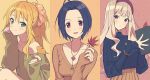  3girls agata_(agatha) ahoge blonde_hair blush breasts cleavage collarbone column_lineup commentary dark_blue_hair grey_hair holding holding_leaf hoshii_miki idolmaster idolmaster_(classic) idolmaster_million_live! leaf looking_at_viewer miura_azusa multiple_girls off-shoulder_shirt off_shoulder shijou_takane shirt simple_background smile symbol-only_commentary upper_body 