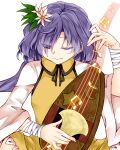  1girl ;) bandages bangs beamed_eighth_notes biwa_lute closed_mouth collared_dress crescent_print dress eighth_note flower hair_flower hair_ornament holding holding_instrument instrument leaf long_hair long_sleeves looking_to_the_side lute_(instrument) music musical_note one_eye_closed playing_instrument purple_eyes purple_hair quarter_note simple_background smile solo star_(symbol) star_print touhou tsukumo_benben upper_body white_background white_flower yellow_dress zetsumame 