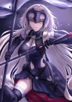  1girl absurdres armor armored_dress bangs black_gloves black_legwear breasts chain cleavage eyebrows_behind_hair eyebrows_visible_through_hair fate/grand_order fate_(series) flag gloves headpiece highres holding holding_flag holding_sword holding_weapon ichi_yoshida jeanne_d&#039;arc_(alter)_(fate) jeanne_d&#039;arc_(fate) large_breasts long_hair looking_at_viewer open_mouth silver_hair smile solo sword thighhighs weapon yellow_eyes 