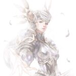  1girl armor armored_dress blue_armor breasts feathers helmet kazama_raita lenneth_valkyrie long_hair looking_at_viewer open_mouth silver_hair simple_background solo valkyrie valkyrie_profile very_long_hair white_background winged_helmet 
