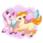  absurdres artist_name brown_eyes commission fiery_tail full_body galarian_ponyta highres looking_at_another no_humans outline pink_background pink_eyes pokemon pokemon_(creature) ponyta sevi_(seviyummy) sparkle tail watermark white_background white_outline 