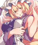  1girl absurdres armpit_peek blonde_hair blush breasts eyebrows_visible_through_hair fang fox_tail gokuu_(acoloredpencil) hair_between_eyes hat highres kitsune large_breasts long_sleeves mob_cap multiple_tails open_mouth short_hair slit_pupils solo tabard tail touhou triangle_mouth v-shaped_eyebrows wide_sleeves yakumo_ran yellow_eyes 