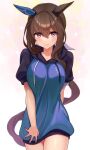  1girl absurdres admire_vega_(umamusume) animal_ears black_jacket blue_jacket breasts brown_hair closed_mouth collarbone eyebrows_visible_through_hair hair_between_eyes highres horse_ears horse_girl horse_tail inuyabu_cc jacket large_breasts long_hair looking_at_viewer multicolored_clothes multicolored_jacket pink_eyes ponytail short_sleeves tail thighs two-tone_jacket umamusume 