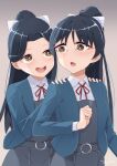  2girls bangs black_hair commentary_request eyebrows_visible_through_hair hair_ribbon half_updo hands_on_another&#039;s_shoulders hazuki_hana hazuki_ren long_sleeves love_live! love_live!_superstar!! md5_mismatch mother_and_daughter multiple_girls ponytail ribbon school_uniform shiny shiny_hair the-prinprince time_paradox yellow_eyes younger yuigaoka_school_uniform 