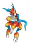  absurdres armor blue_skin claws colored_skin digimon digimon_(creature) drinking fladramon helmet highres holding horns invisible_chair no_humans red_eyes simple_background single_horn sitting solo tail tapioka_chaso white_background white_skin 