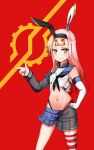  1girl animal_ears azur_lane bangs black_jacket black_neckerchief black_panties black_skirt blonde_hair blue_sailor_collar blue_skirt breasts commentary_request crossover elbow_gloves fusion gloves hairband hand_on_hip highleg highleg_panties highres jacket kamen_rider kamen_rider_build_(series) kantai_collection long_hair midriff multicolored_hair namesake navel neckerchief panties pink_hair pleated_skirt rabbit_ears sailor_collar shimakaze_(azur_lane) shimakaze_(kancolle) simple_background single_elbow_glove single_thighhigh skirt sleeveless small_breasts smile solo striped striped_legwear sugamo_(rainysnowy108) thighhighs underwear white_gloves 