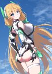  1girl absurdres angela_balzac ass bangs bare_shoulders black_gloves blonde_hair blue_eyes blue_sky breasts cloud commentary_request day elbow_gloves eyebrows_visible_through_hair from_behind gloves headgear highres large_breasts long_hair looking_at_viewer looking_back outdoors parted_lips pizzasi rakuen_tsuihou sky solo very_long_hair white_legwear 